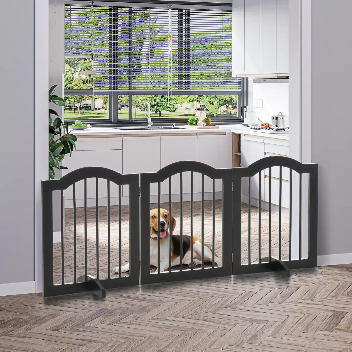 Pawhut 3 Panels Dog Gate w/ Support Feet Fence Safety Barrier Freestanding Wood Black - Pet Gate