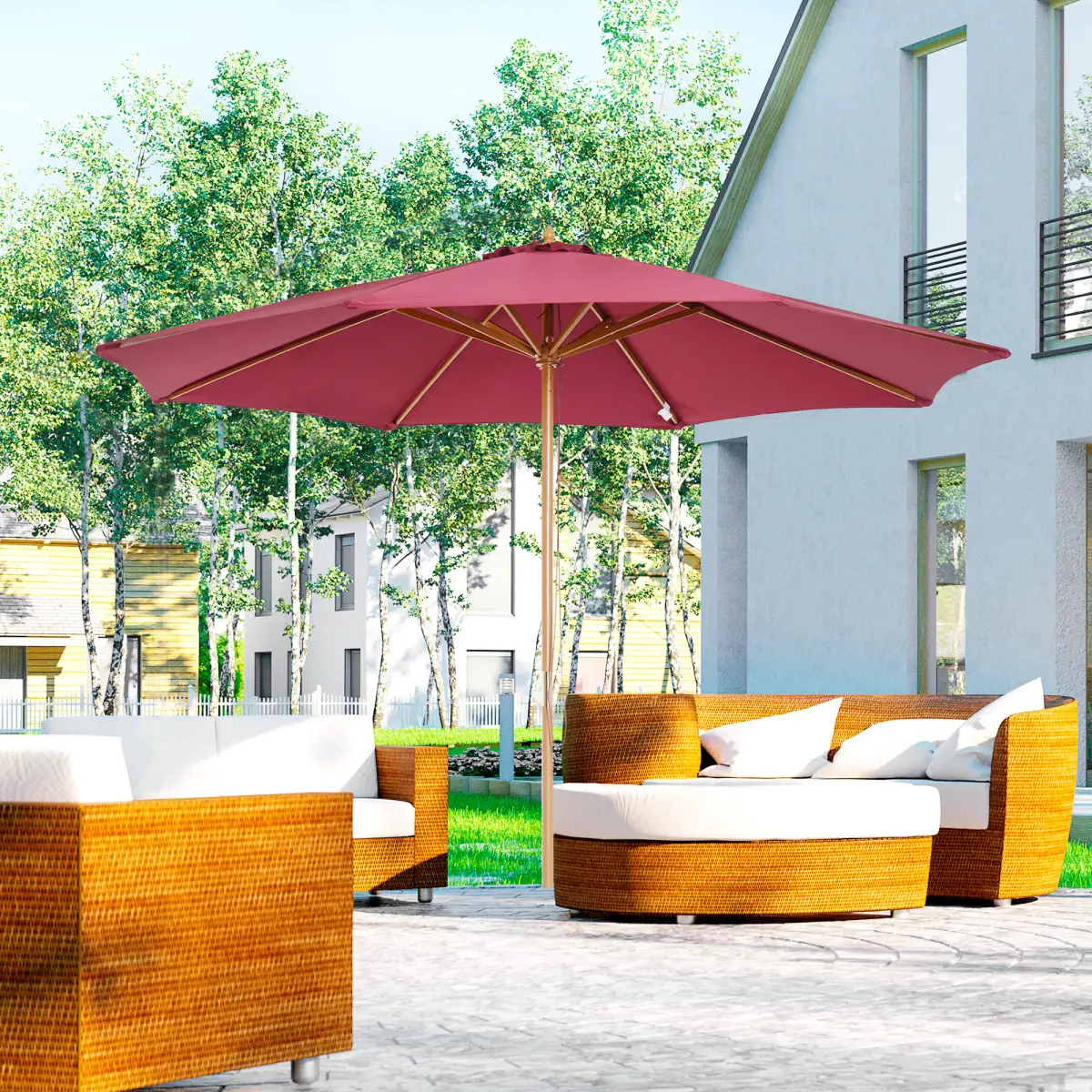 Outsunny Outsunny 3m Fir Wooden Garden Parasol Sun Shade Outdoor Umbrella Canopy Wine Red - Parasol