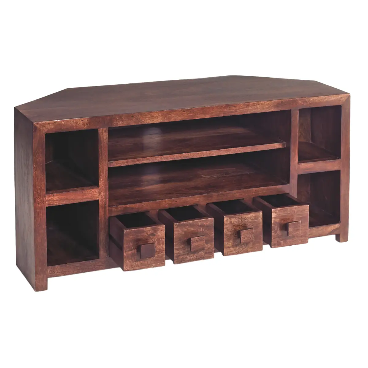 Contemporary Corner TV Unit In Dark Mango Finish, Sustainable Mango Wood, Fully Assembled, Open Shelves And 4 Drawers