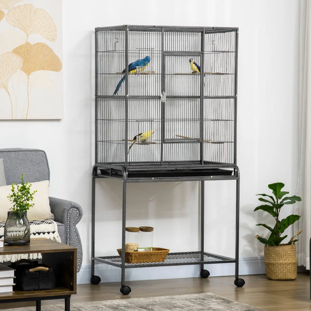 Pawhut Rolling Bird Cage w/ Detachable Stand, Storage Shelf, Wood Perch, Food Container - Bird Cage
