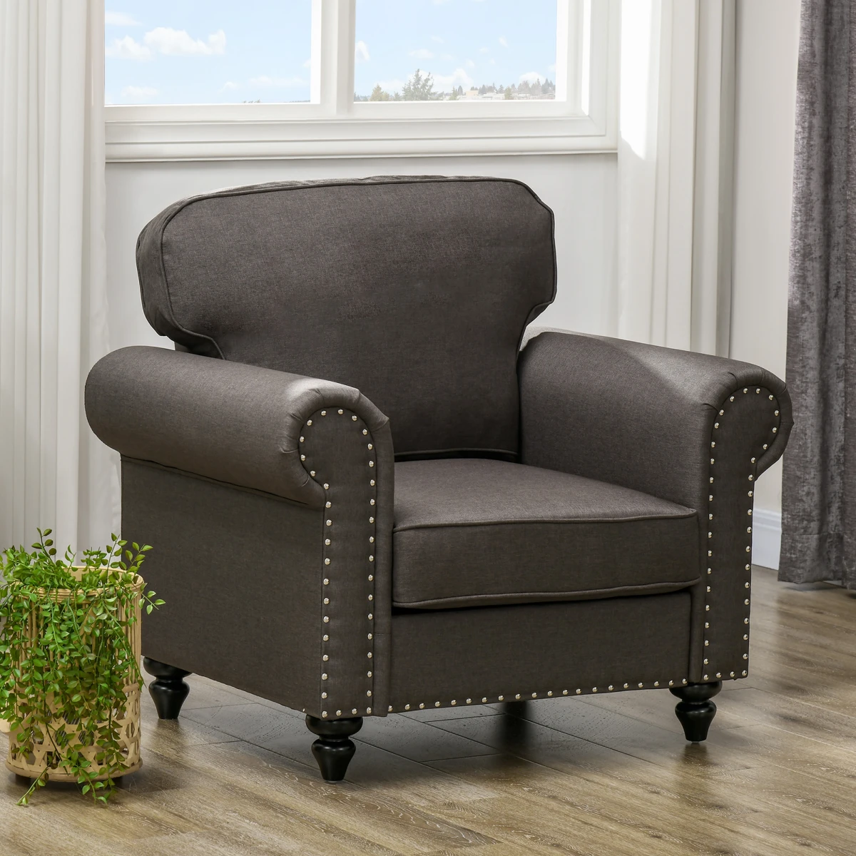 HOMCOM Mid Century Armchair Compact Wood Frame Brown Home - Armchair