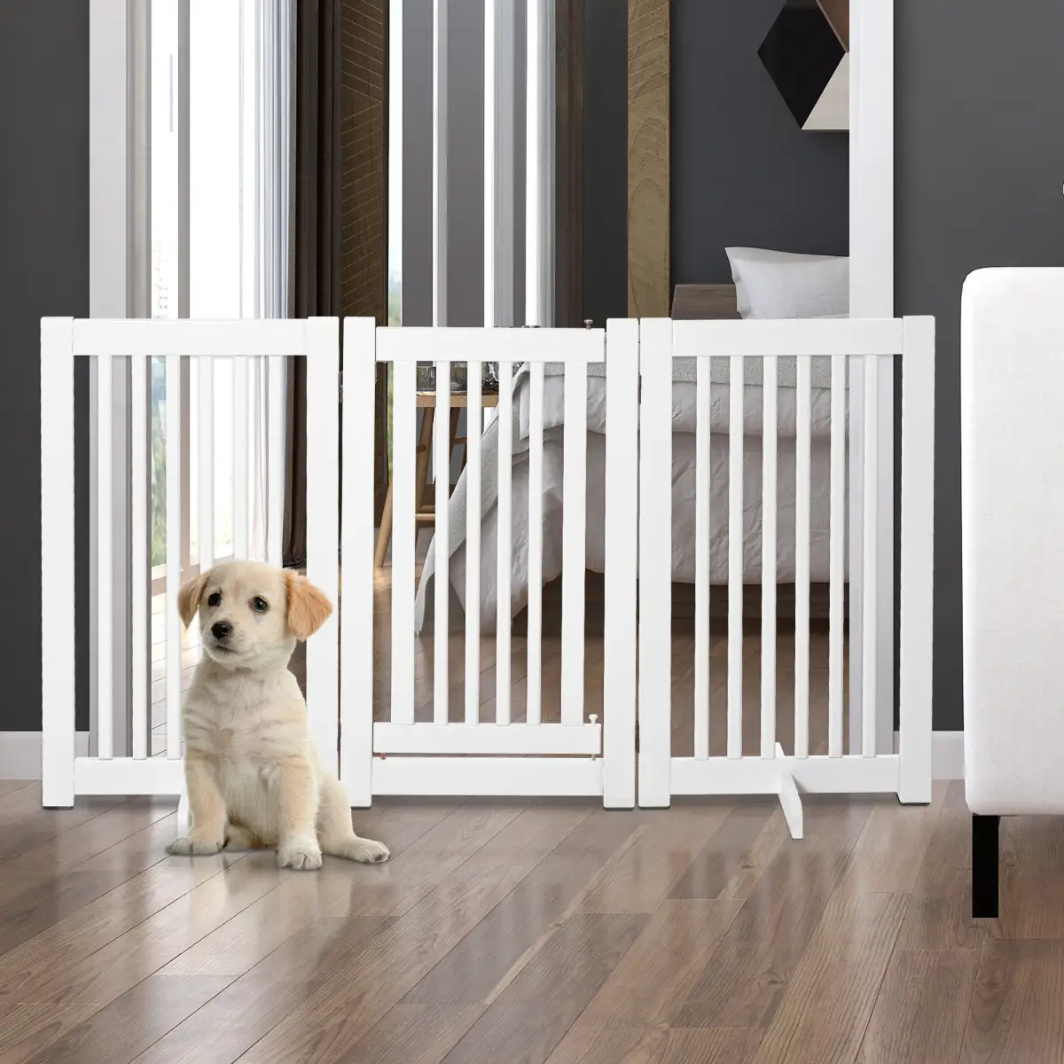 Pawhut MDF Dog Gate Step over Panel Fence Expandable Folding w/Latch Support Feet White - Pet Gate