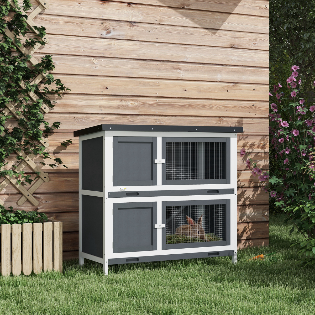 PawHut Double Decker Rabbit Hutch Bunny Cage Pet House Outdoor with Tray, Grey - from PawHut