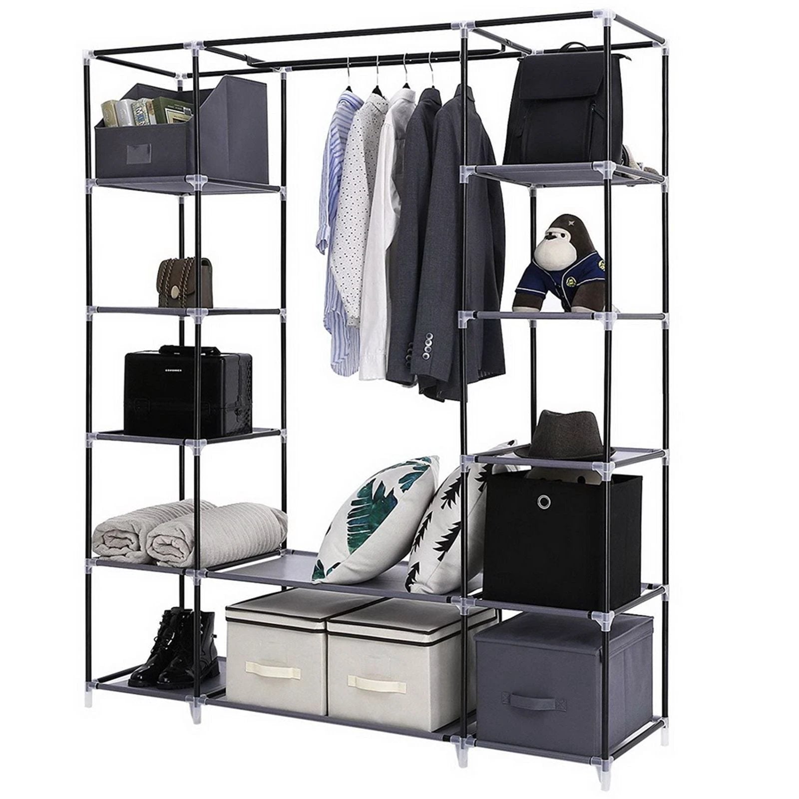 69" Portable Clothes Closet Wardrobe Storage Organizer with Non-Woven Fabric Quick and Easy to Assemble Extra Strong and Durable Gray by N/A