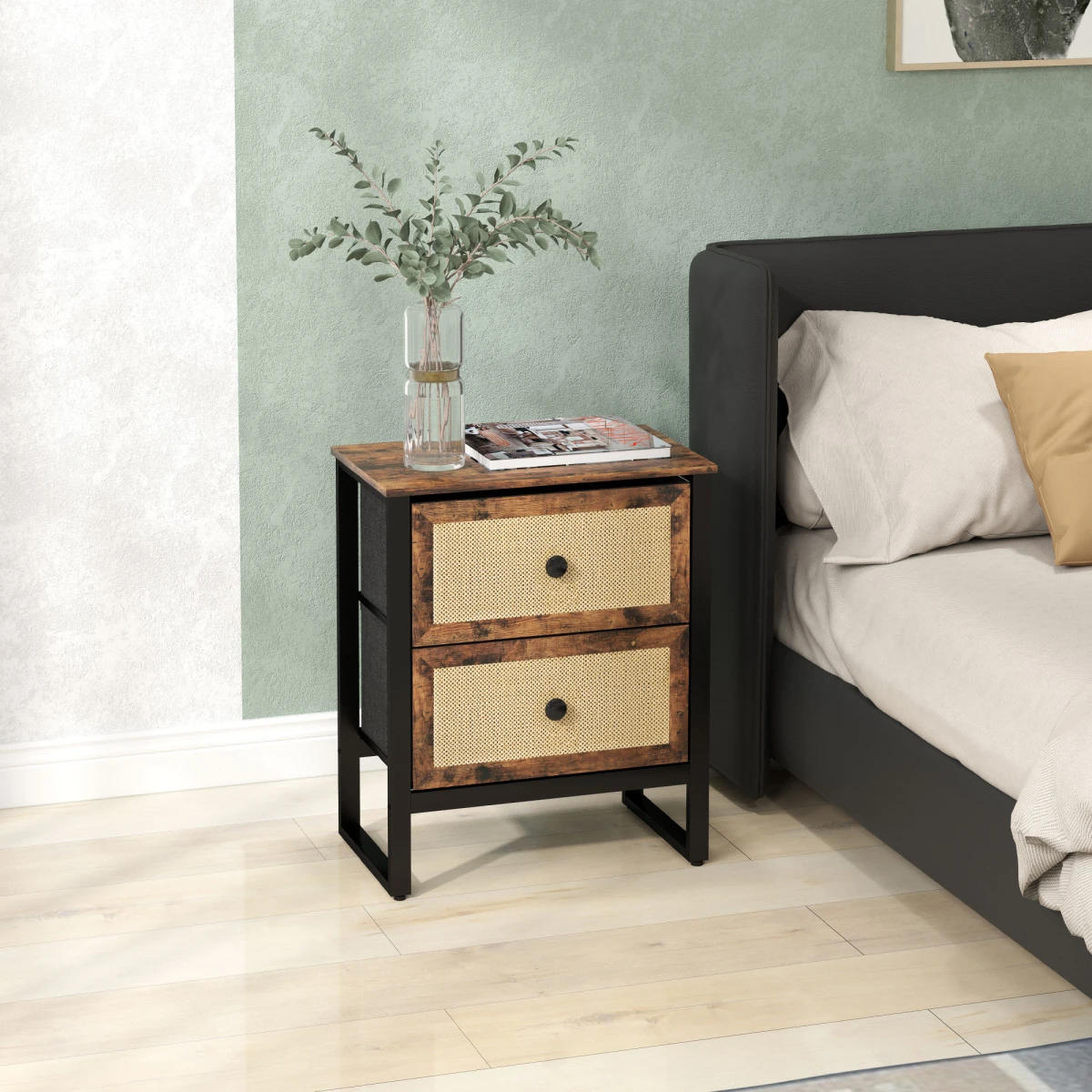 HOMCOM HOMCOM Bedside Table Compact Two Rattan Drawers With Steel Legs Rustic Brown Finish For Bedroom Decor - Bedside Table