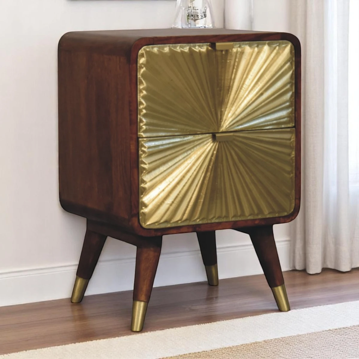 Artisan Nightstand Compact Mango Wood Brass Sunburst Front Two Drawer Bedroom Decor by Artisan Furniture