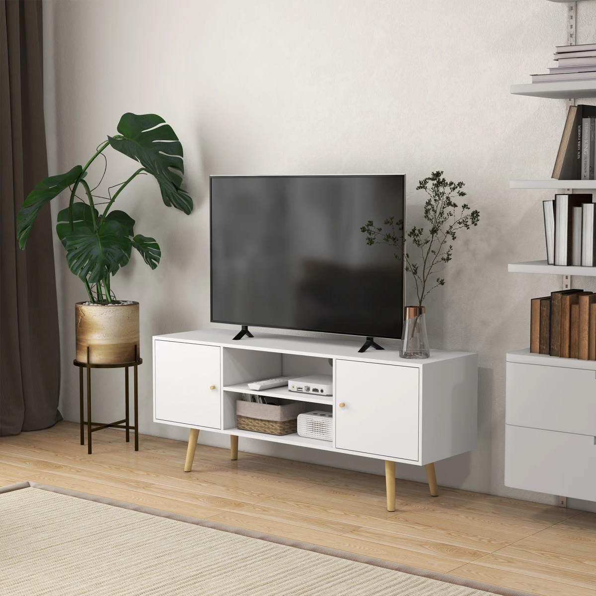 White TV Stand Cabinet 55 Inch Cable Management Living Room - TV Unit