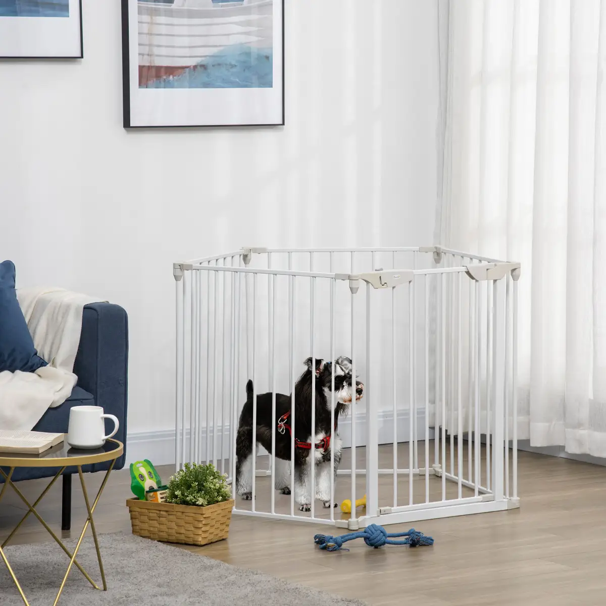 Pawhut Pet Gate 5-Panel Dog Playpen for Indoor Stair Barrier W/ Walk Through Door White - Pet Gate