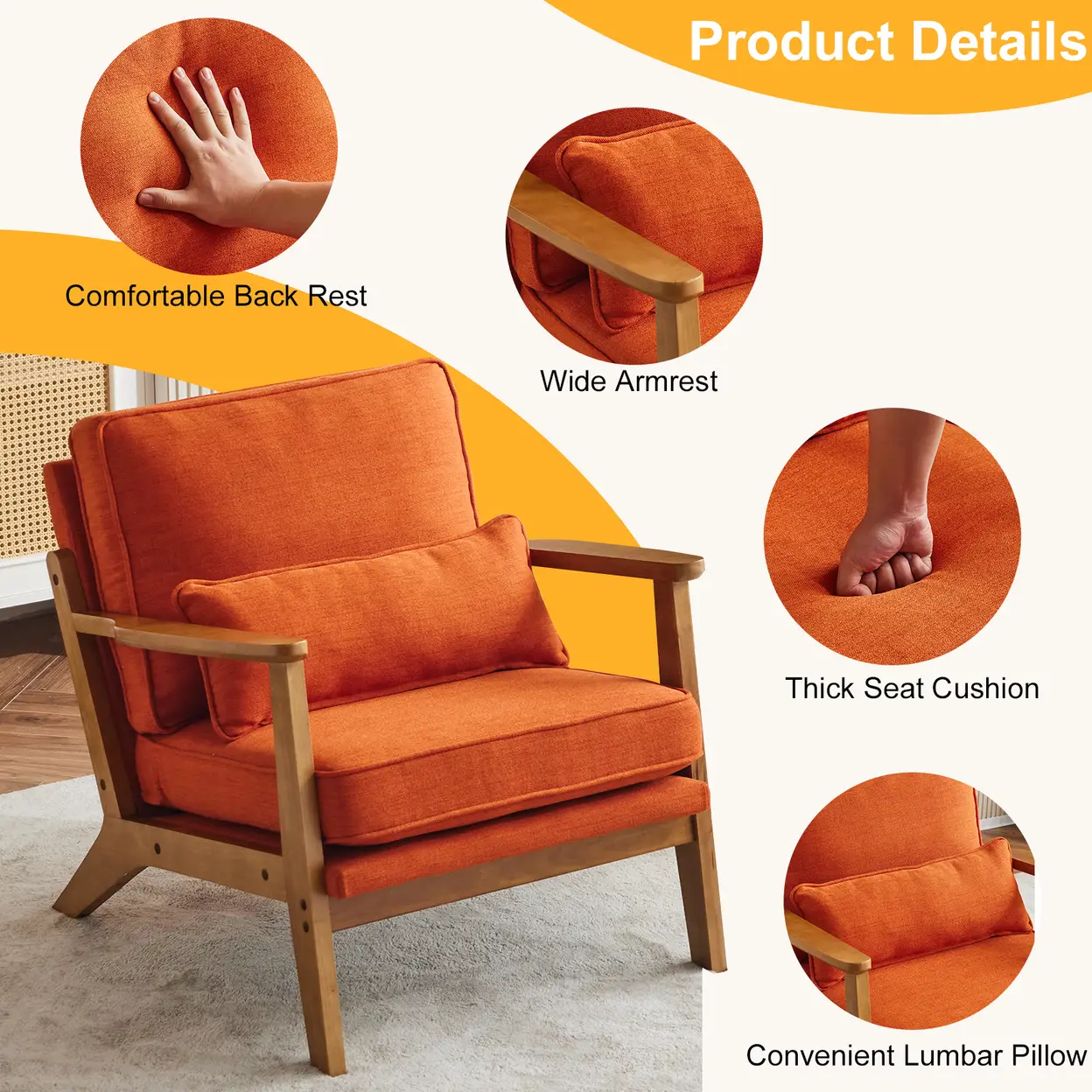 N/A Mid-Century Modern Accent Chair with Wooden Frame - Oak Armrest, Linen-Cotton Burnt Orange Upholstery, Single Seater Lounge Chair for Living Room (Weight Capacity 330LBS) - Accent Chair