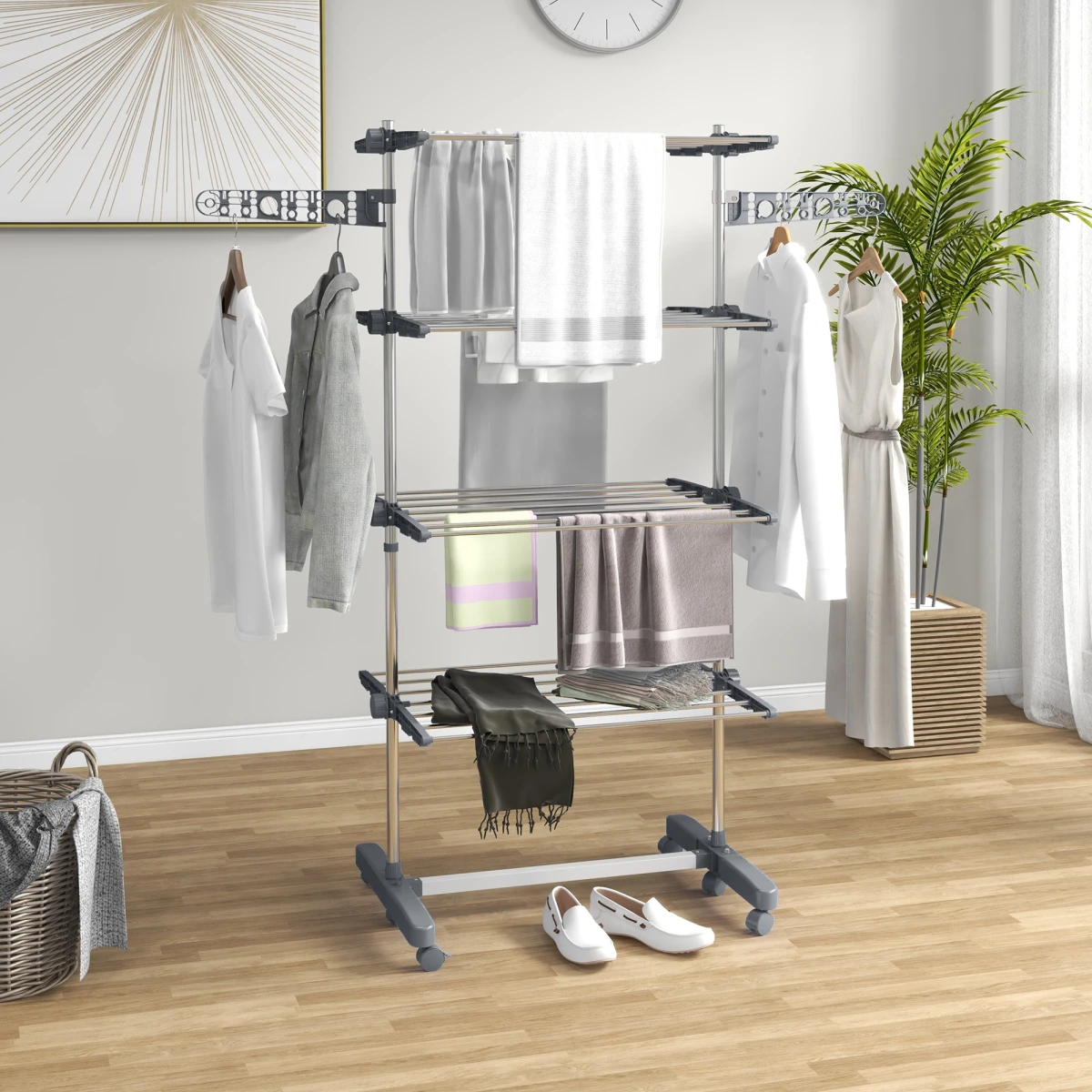 HOMCOM HOMCOM 4-Tier Large Clothes Airer Stainless Steel Clothes Drying Rack Grey - Wine Rack