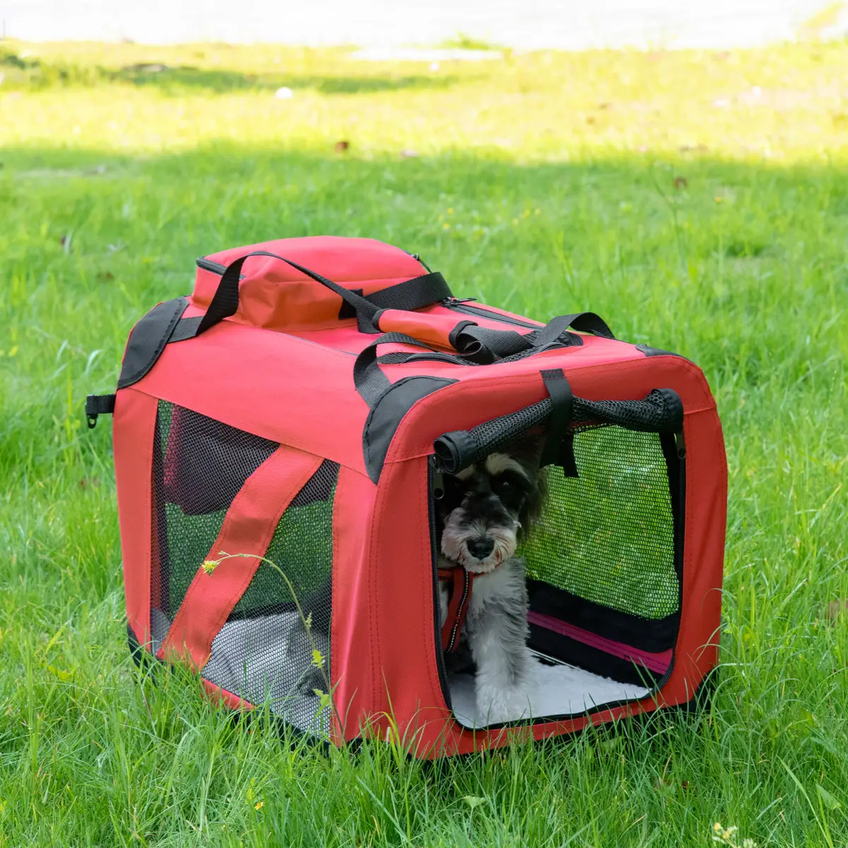 Pawhut Folding Pet Carrier Bag Soft Portable Cat Travel Cage, 60x42x42 cm, Red - Pet Carrier