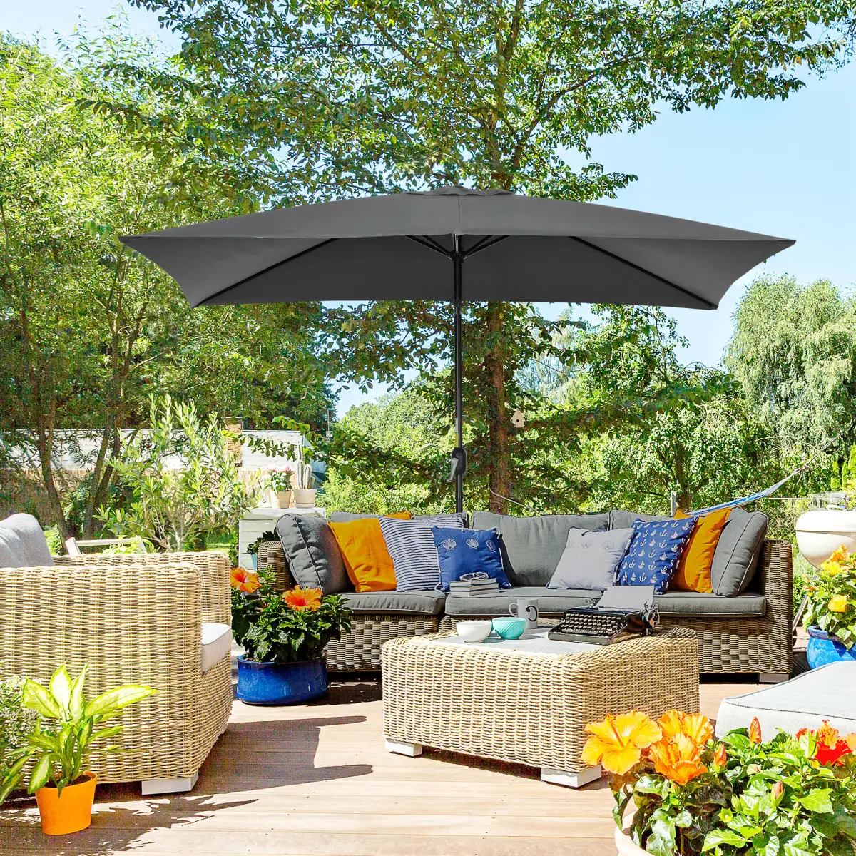 Outsunny Outsunny 3x2m Patio Parasol Canopy Tilt Crank 6 Ribs Sun Shade Garden Black - Parasol