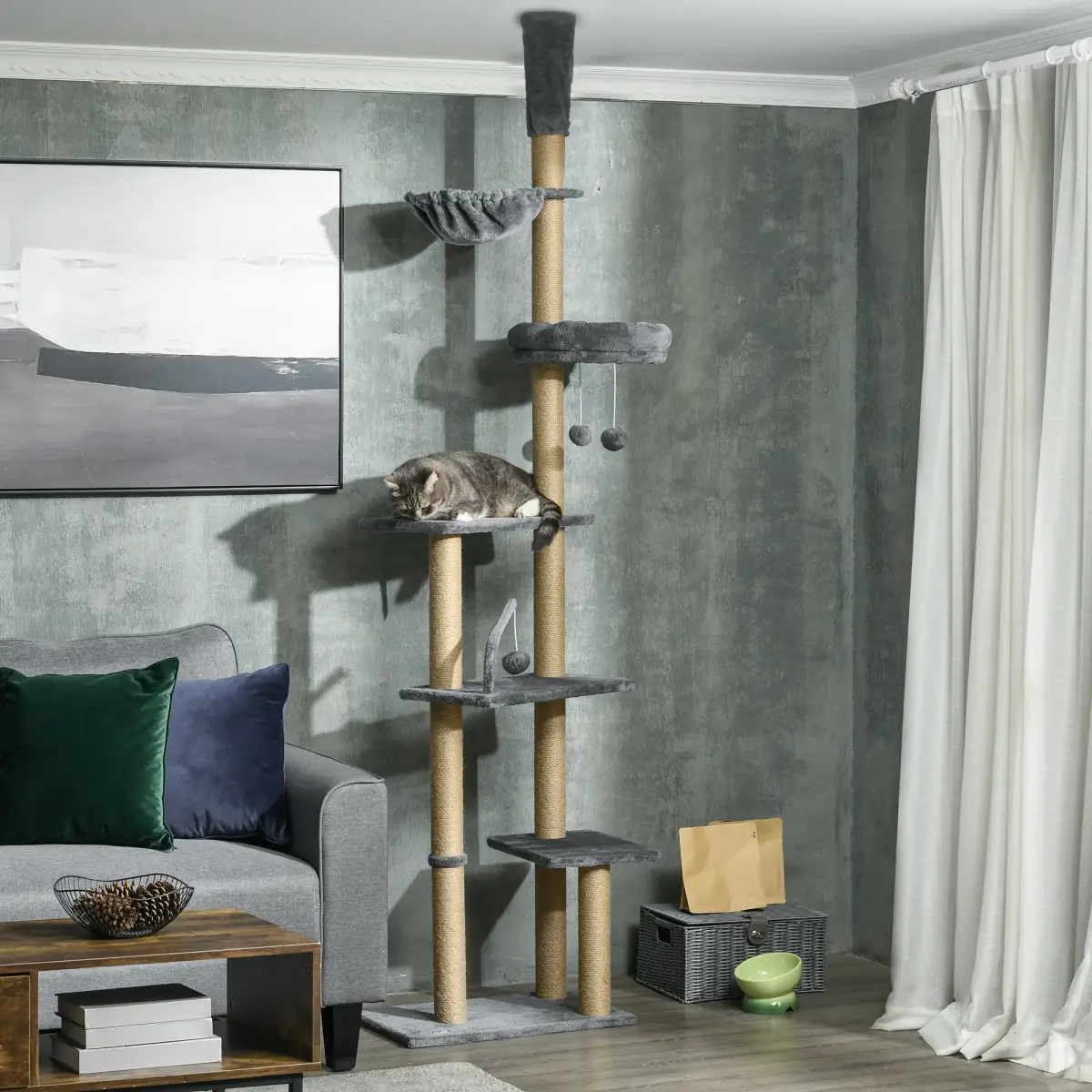 PawHut 6-Tier Floor to Ceiling Cat Tree with Scratching Post, Bed, Hammock, Grey - Cat Tree