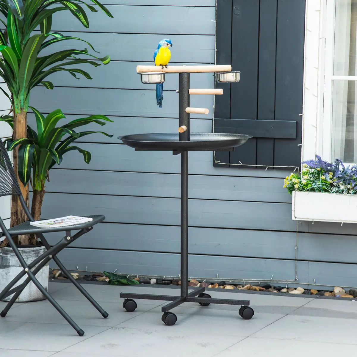 Pawhut Bird Play Stand Portable Feeder Station w/ Wooden Perches, Stainless Steel Bowls - Bird Feeder