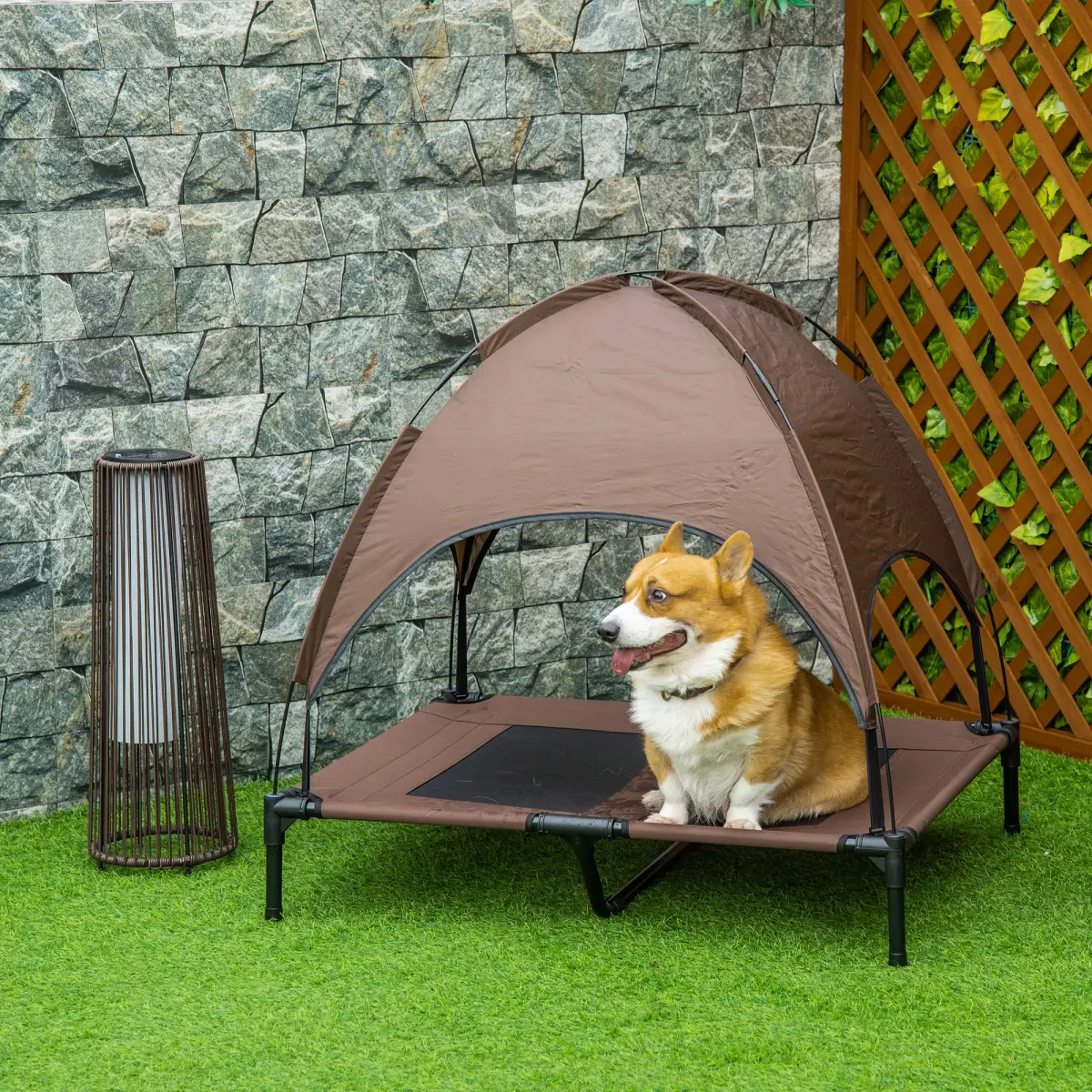 PawHut 92 cm Elevated Pet Bed Dog Cot Tent with Canopy Instant Shelter Outdoor Coffee - Dog Beds