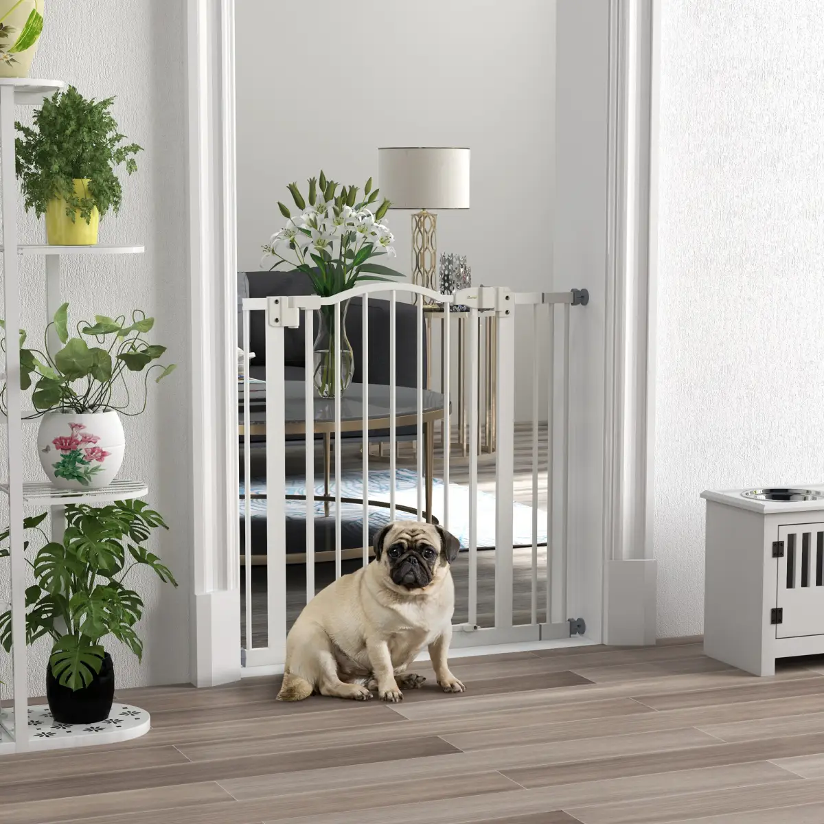 PawHut PawHut 74-87cm Adjustable Metal Pet Gate Safety Barrier w/ Auto-Close White - Pet Gate