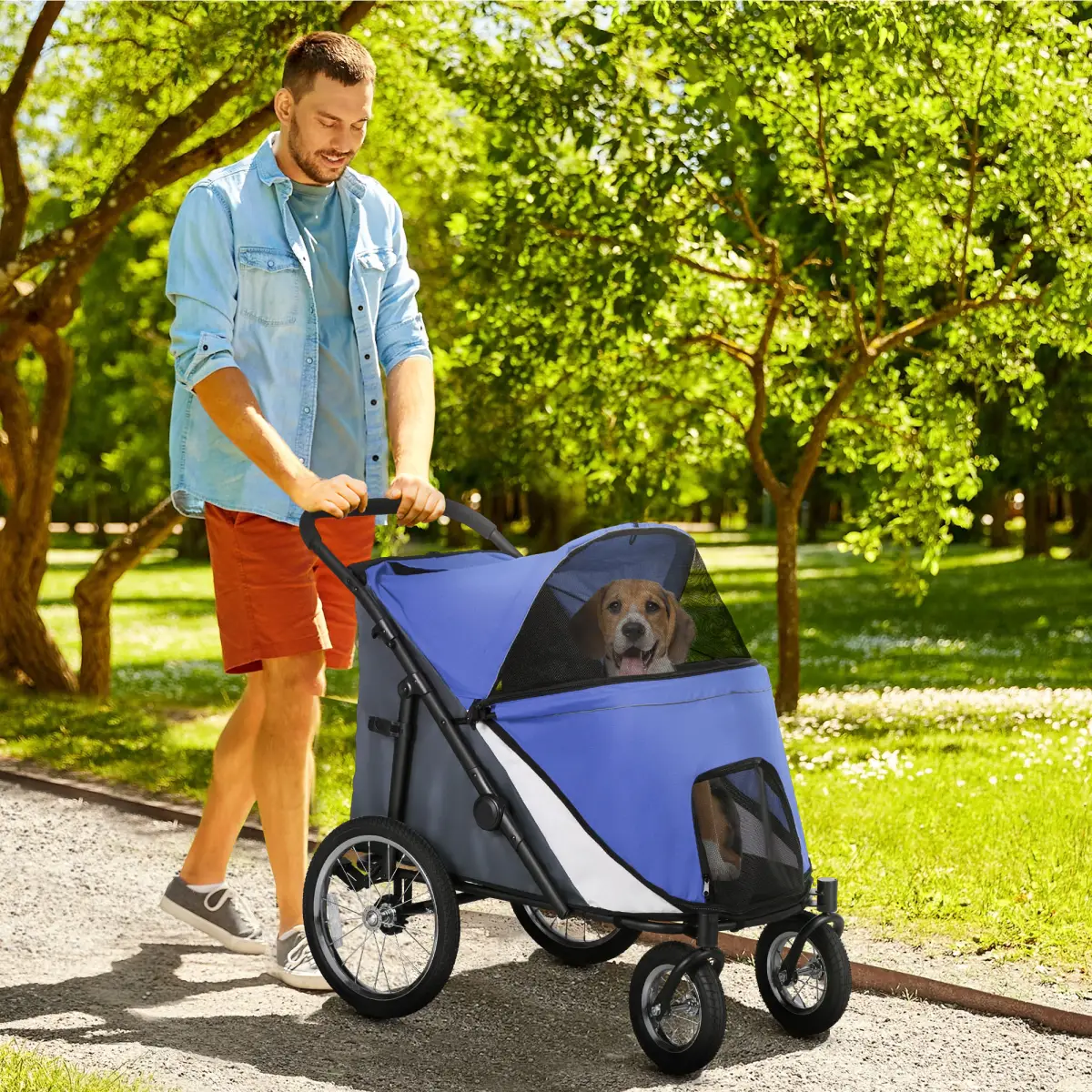 PawHut PawHut Foldable Pet Stroller with Cushion, for M, L Dogs - Blue - Pet Carrier