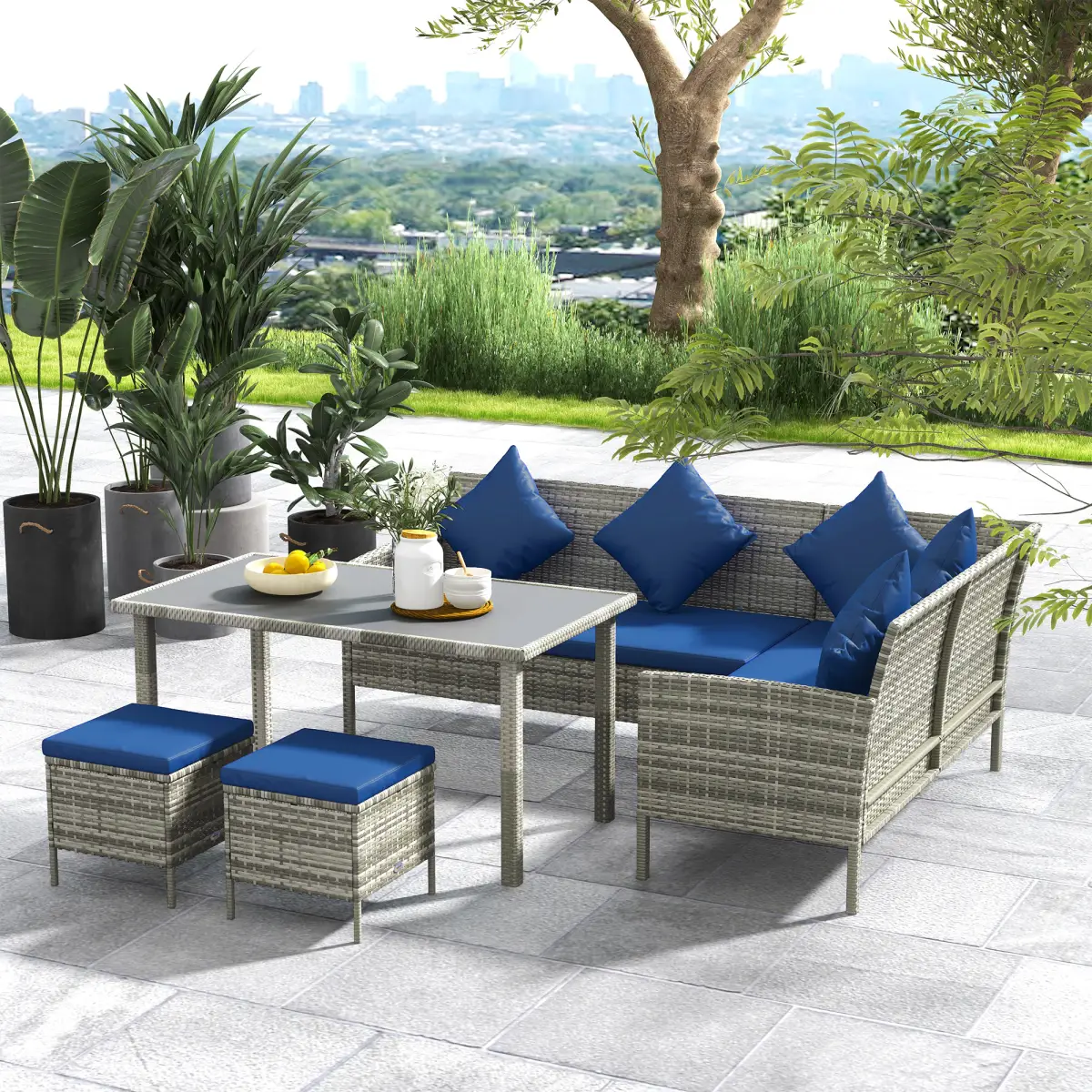 Outsunny Outsunny 5Pcs Rattan Dining Corner Sofa Set, Garden Furniture Set, Dark Blue - Garden Sofa Sets