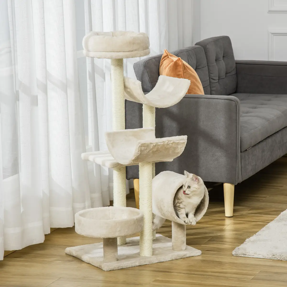Pawhut Multi-Level Large Cat Tree Scratching Post Perch Play Center Tunnel Beige - Cat Tree