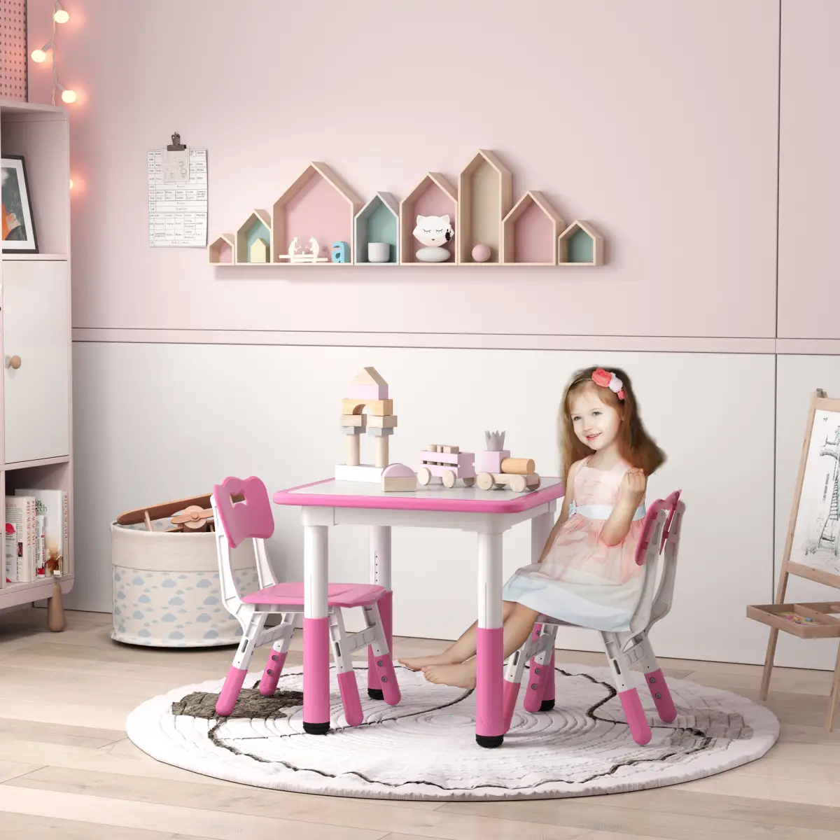 AIYAPLAY AIYAPLAY 3 Pcs Height Adjustable Kids Table and Chair Set for Playroom - Pink - Picnic Tables
