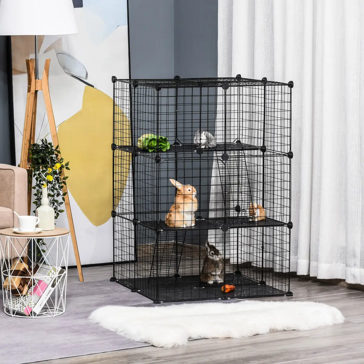 Pawhut Pet Playpen DIY Small Animal Cage w/ Doors Ramps for Kitten Bunny Chinchilla - Pet Playpen