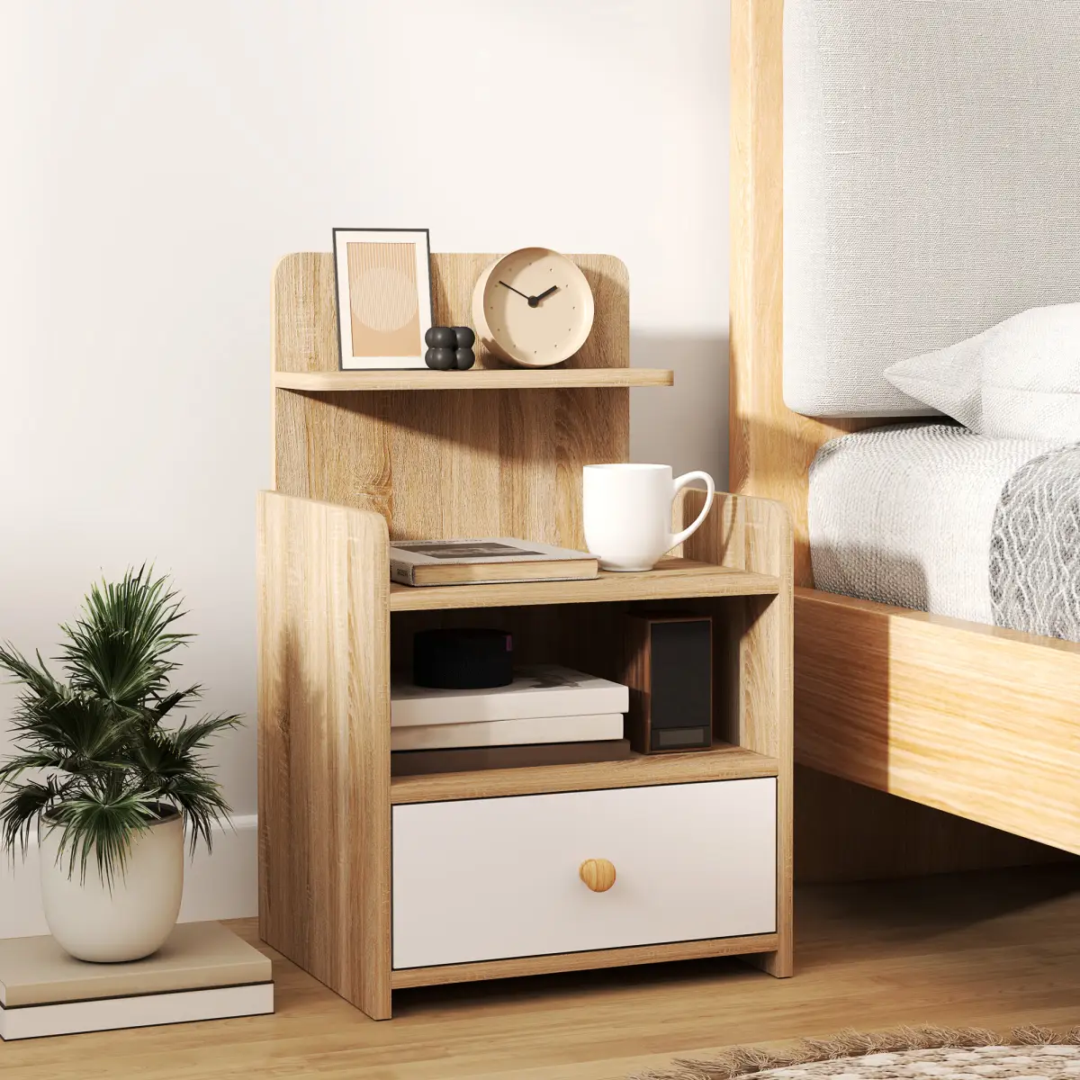 HOMCOM HOMCOM Bedside Table with Drawer for Bedroom, Living Room, Natural Wood Effect - Bedside Table