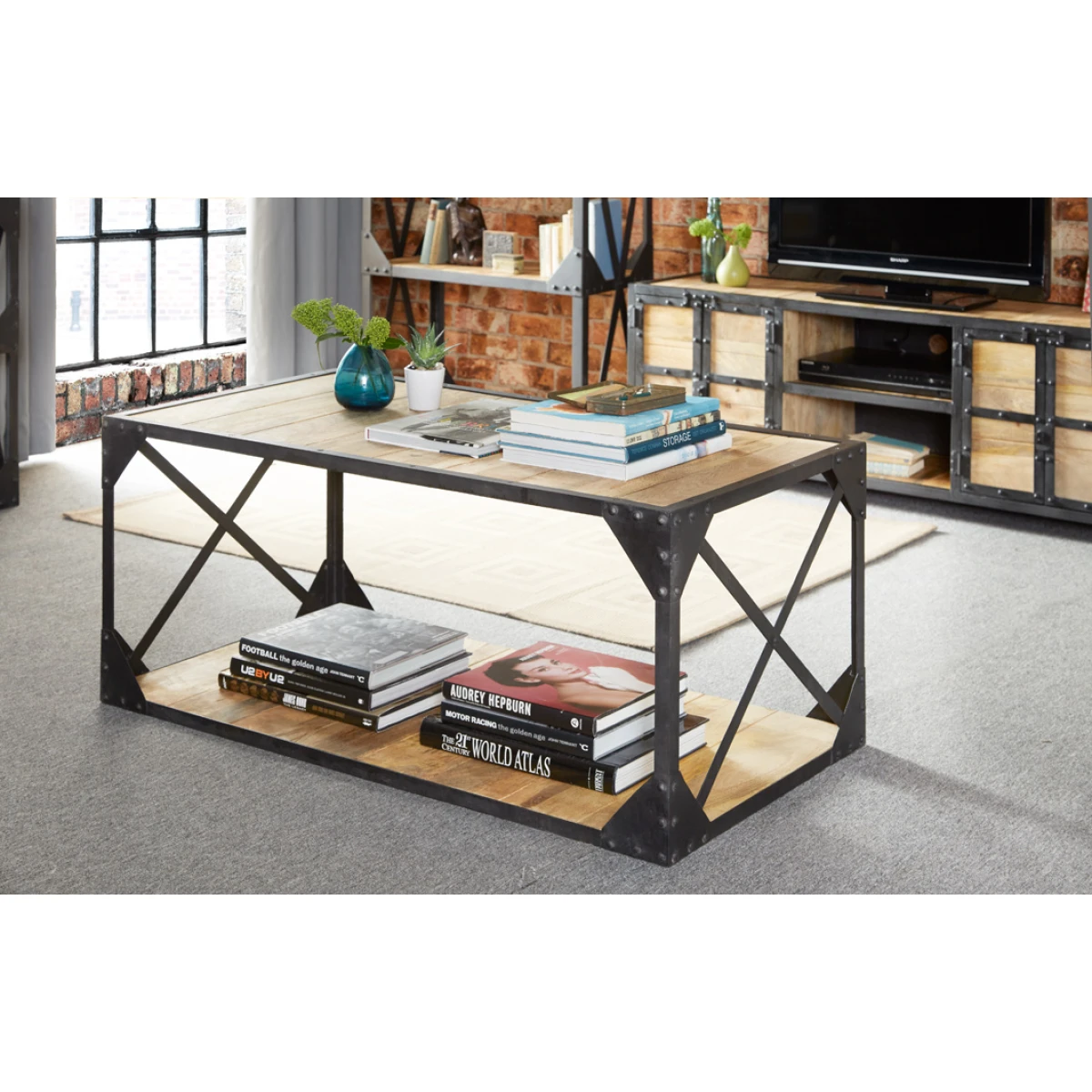 Indian Hub Ascot Industrial Coffee Table 48W X 20D X 18H Reclaimed Wood Top Handcrafted Living Room Decor - Coffee Table