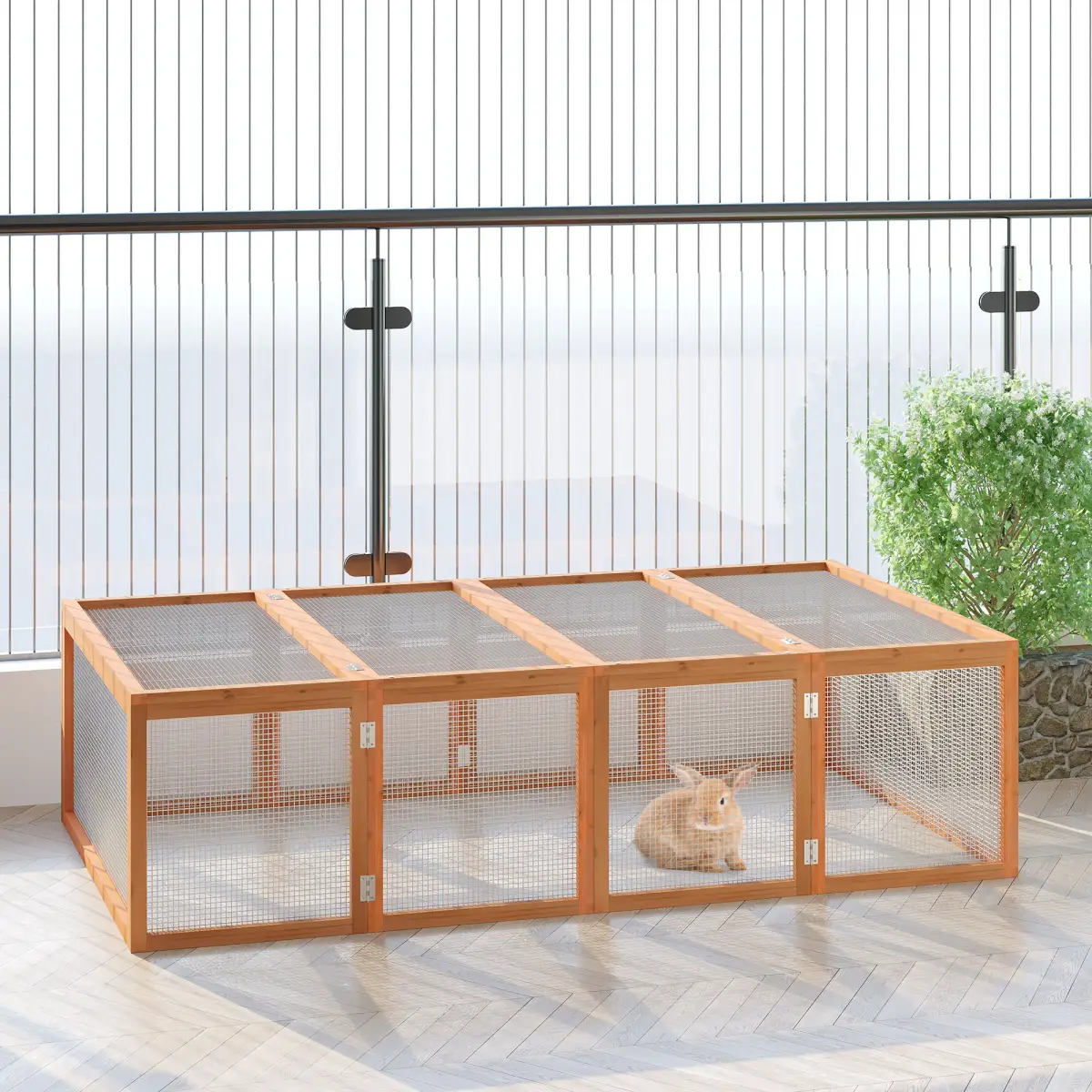 Pawhut New Rabbit Hutch Cage with Run and Play Space Mesh Wire Safety for Outdoor - Rabbit Hutch
