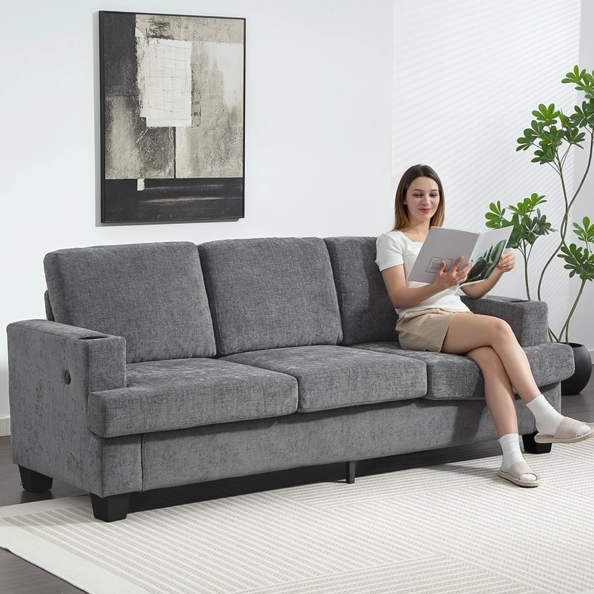 HOMCOM Homcom Sofa 3 Seater Gray With USB Ports Cup Holders Home - Sofa