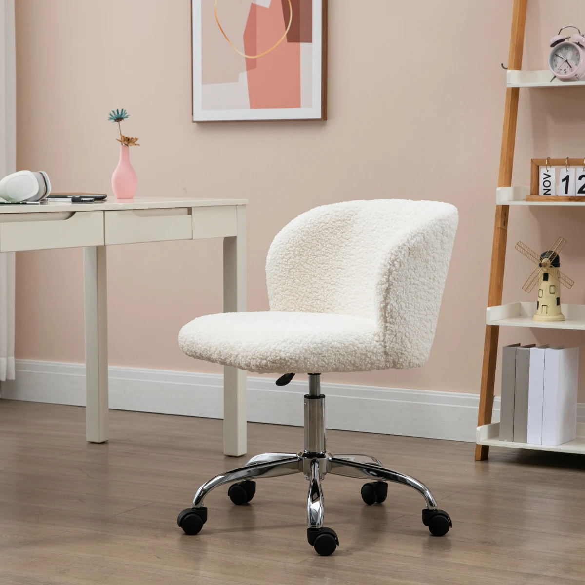 HOMCOM Office Chair Standard Size Teddy Fleece Upholstery Height Adjustable Wheels For Home Office by HOMCOM