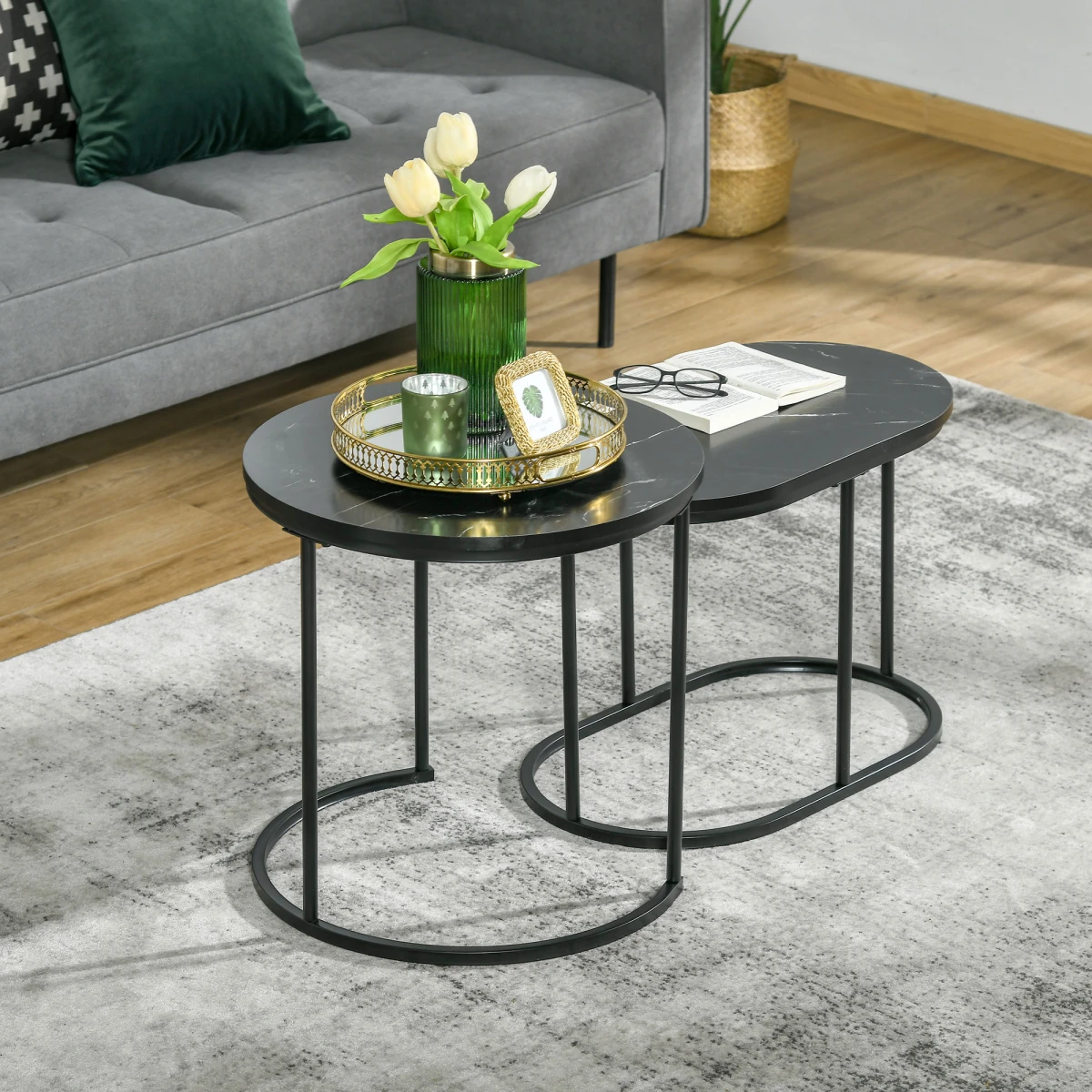 HOMCOM Two Piece Marble Top Side Tables Round And Oval Black Steel Frames Living Room Set by HOMCOM