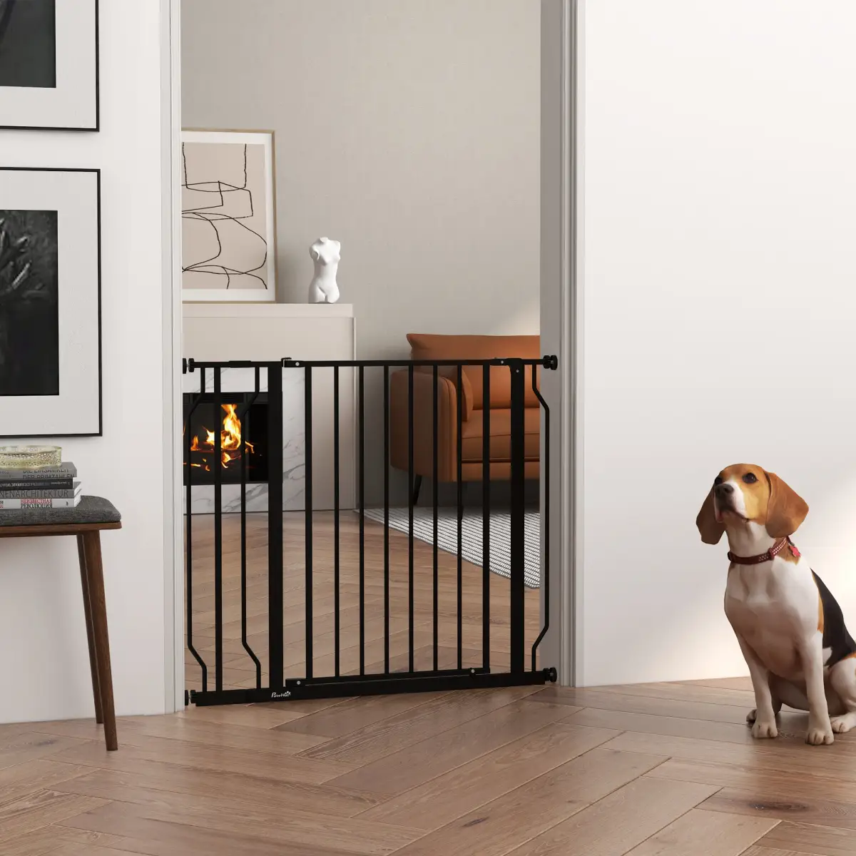 PawHut PawHut Dog Gate Wide Stair Gate with Door Pressure Fit, 75-95W cm, Black - Pet Gate