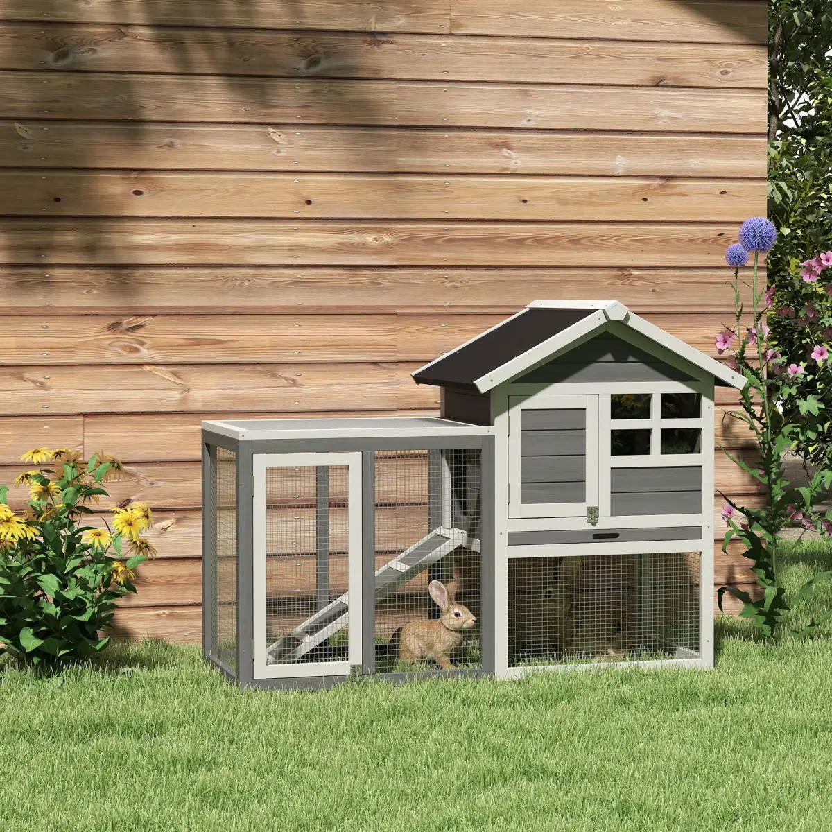Unbranded 122cm Wooden Rabbit Hutch Bunny Cage Pet House with Tray Ladder Run Pawhut - Rabbit Hutch