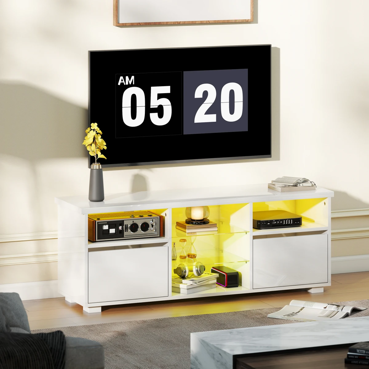 HOMCOM High Gloss TV Stand For 55in TV LED Lights RGB by HOMCOM