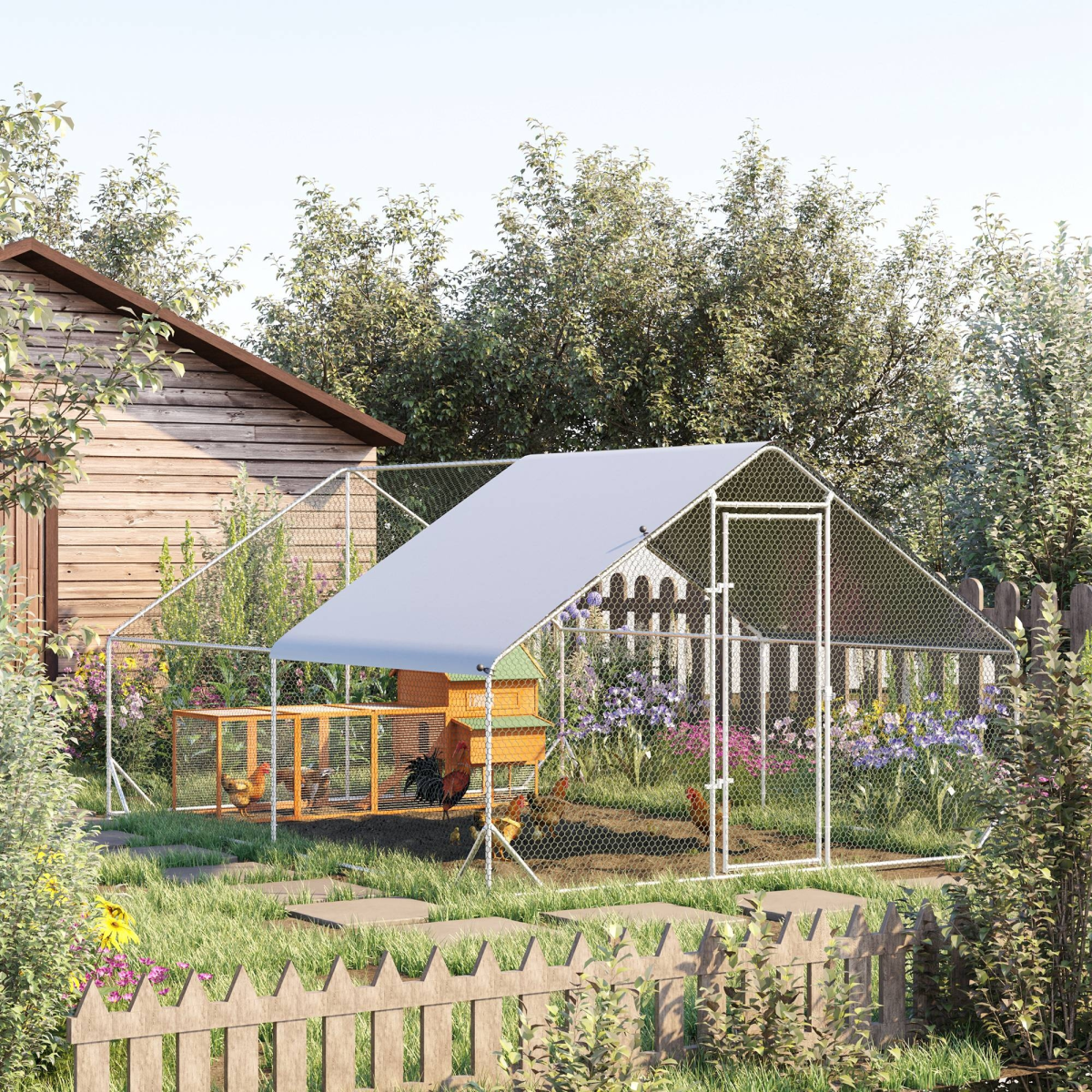 Walk In Chicken Run Large Galvanized Chicken Coop w/ Cover 3 x 4 x 2m Pawhut - from Unbranded