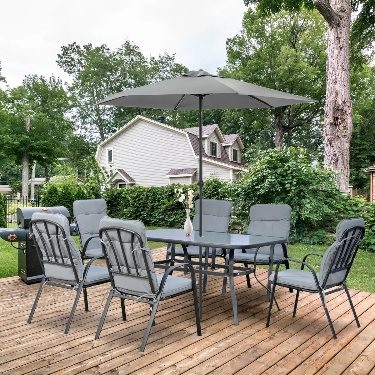 Outsunny Outsunny 7 PCs Garden Dining Set, Glass Table w/ Umbrella Hole & Cushion, Black - Garden Set