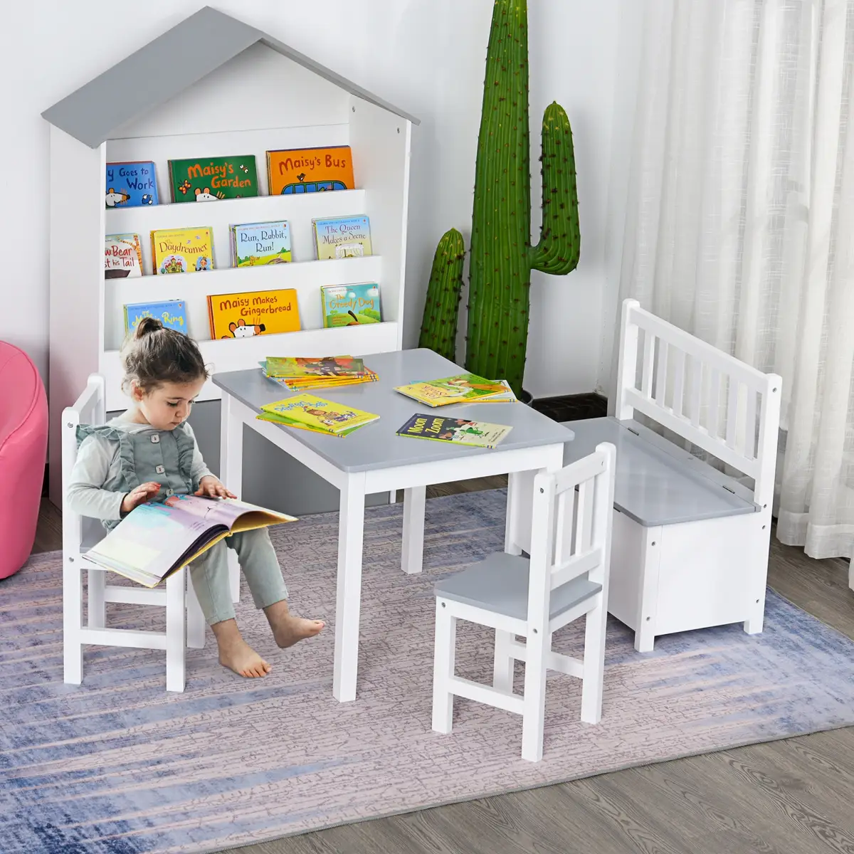 Unbranded 4-Piece Set Kids Wood Table Chair Bench Storage Function for 3 Years+ HOMCOM - Garden Set