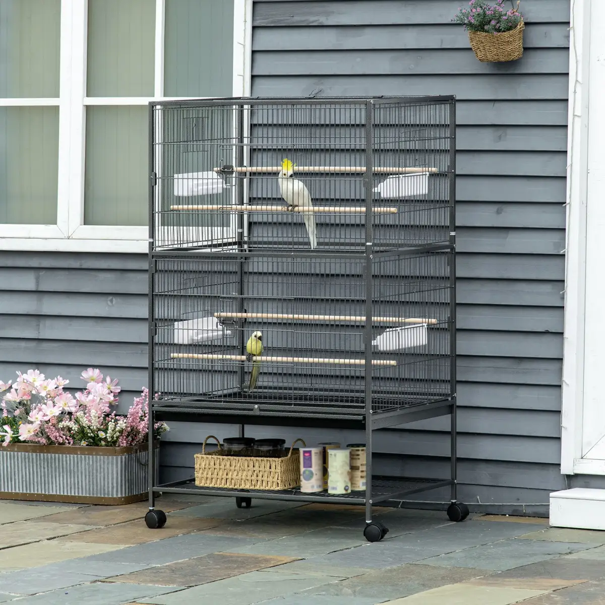 Unbranded Bird Cage Aviary for Budgies Canaries w/ Rolling Stand Slide-Out Tray, Grey - Bird Cage