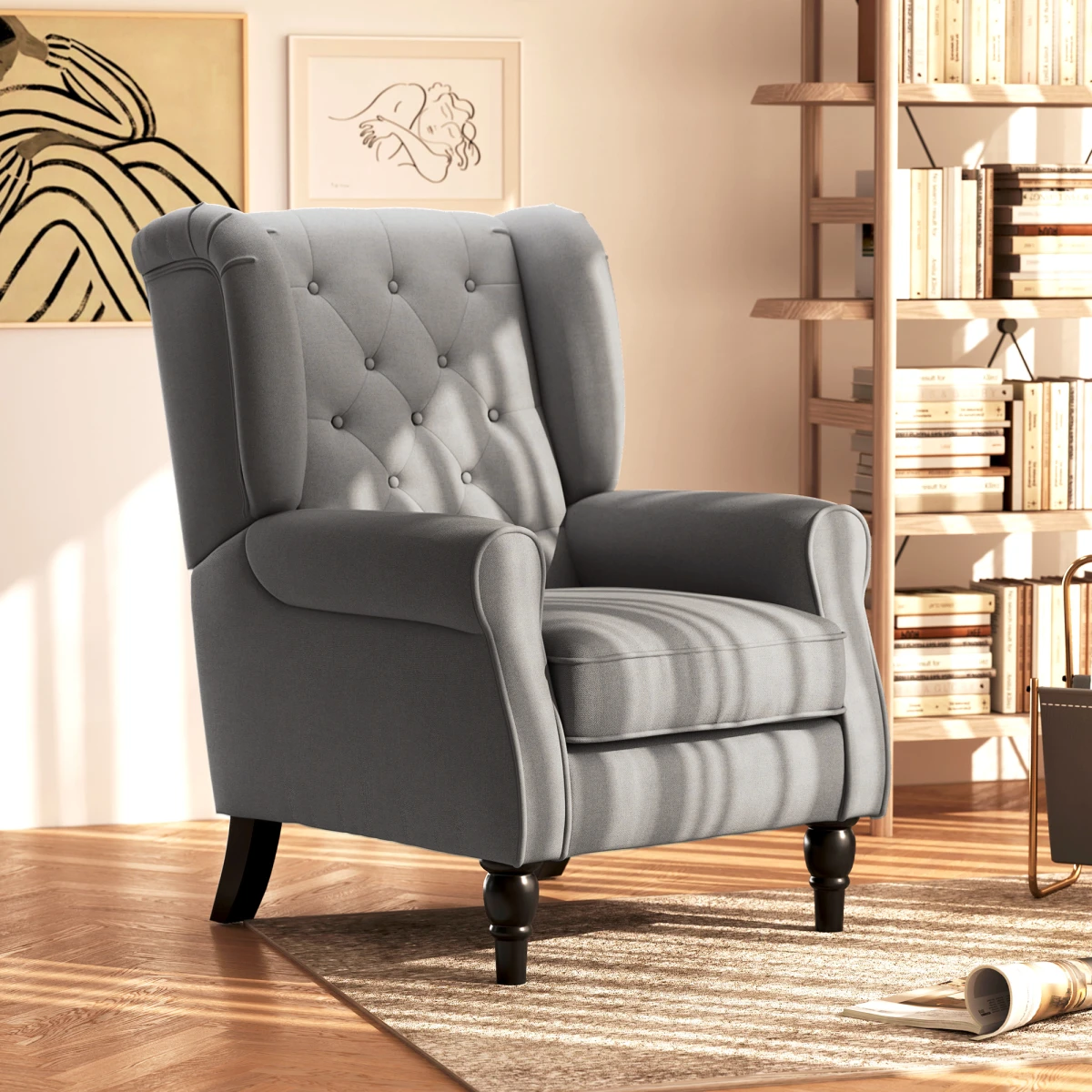 HOMCOM Accent Armchair Standard Tufted Wingback Grey Fabric Home - Armchair