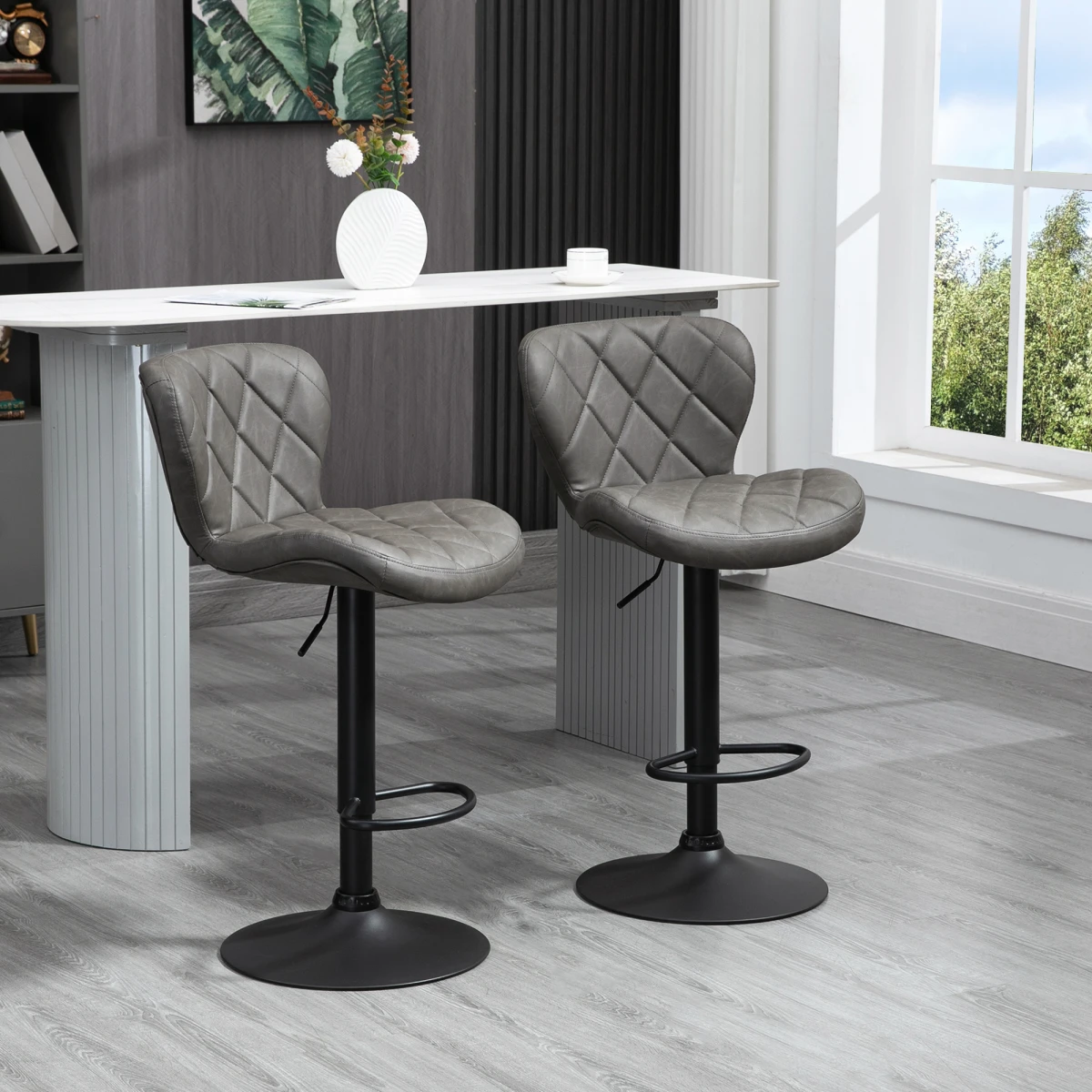 HOMCOM Adjustable Height Bar Stools 91 to 112 cm Swivel Faux Leather Diamond Stitching Home Office Set Of 2 by HOMCOM