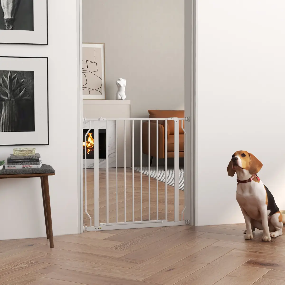 PawHut PawHut Dog Gate Wide Stair Gate w/ Door Pressure Fit, 75-85W cm, White - Pet Gate
