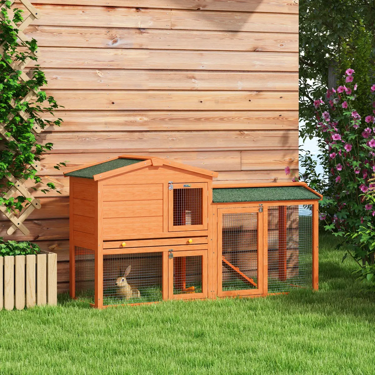 PawHut PawHut Wooden Rabbit Hutch with Run, Ramp, Slide-out Tray, Orange - Rabbit Hutch