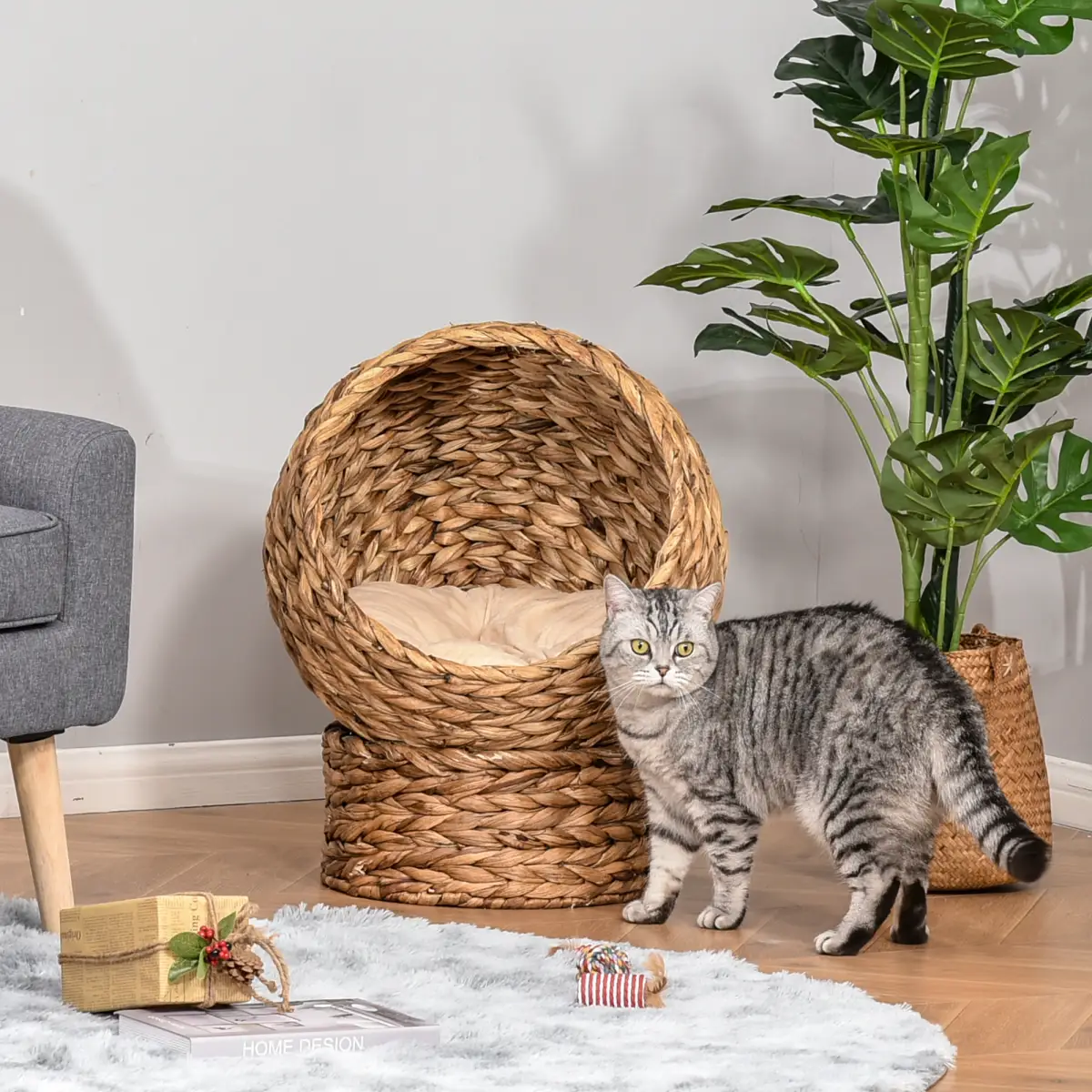 PawHut Elevated Kitten Hooded Rattan Cat House Basket Cushion, 52x42x60cm Brown - Cat House