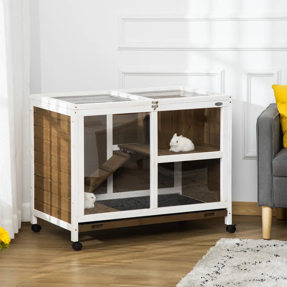 PawHut PawHut Wood Rabbit Hutch Bunny Cage Pet House Indoor W/ Tray Ramp, Brown - Rabbit Hutch