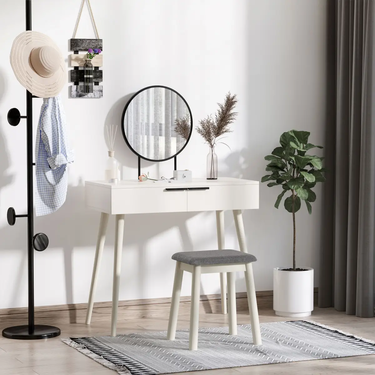 HOMCOM Dressing Table Vanity Set Makeup Desk with Round Mirror Cushioned Stool White - Desk