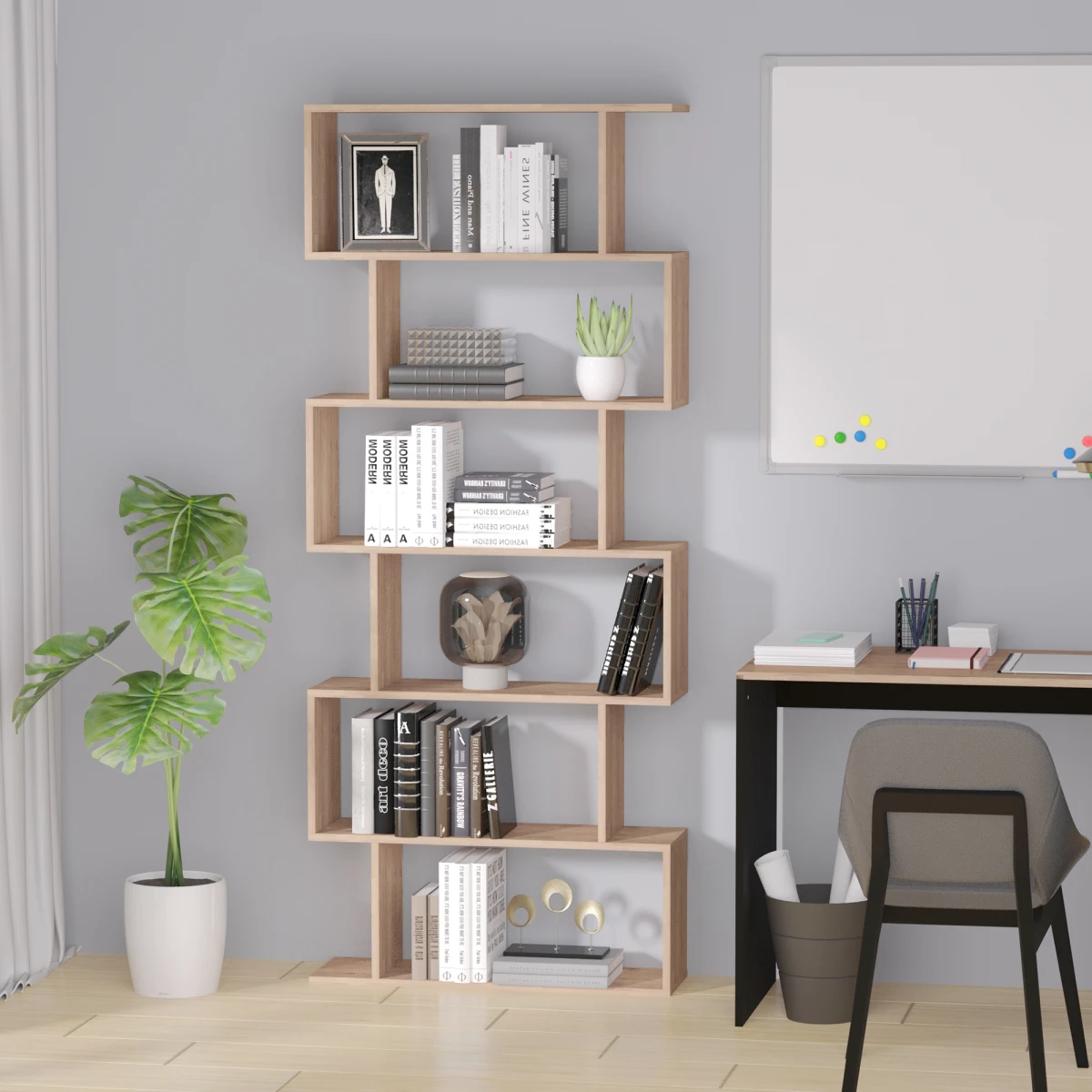 Premium Maple Tall 6 Tier S Shaped Wooden Shelf For Home Office Display And Organization - Office Storage