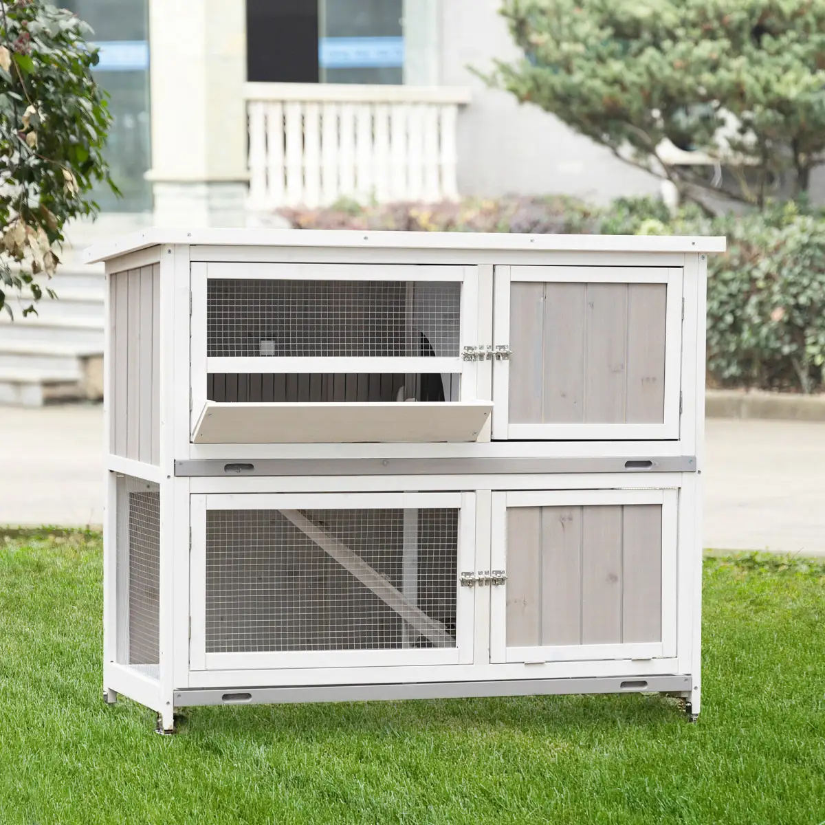 Unbranded Two-Tier Wooden Rabbit Hutch w/ Wheels, Trough, Rain Cover, Tray - Grey Pawhut - Rabbit Hutch