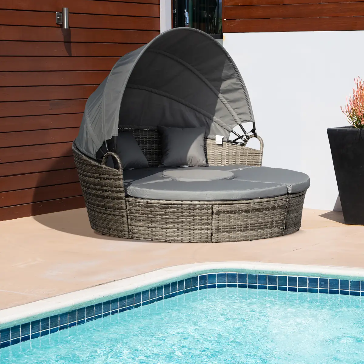 Outsunny Outsunny 5 PCs Cushioned Outdoor Plastic Rattan Round Sofa Bed Table Set Grey - Garden Sofa Sets