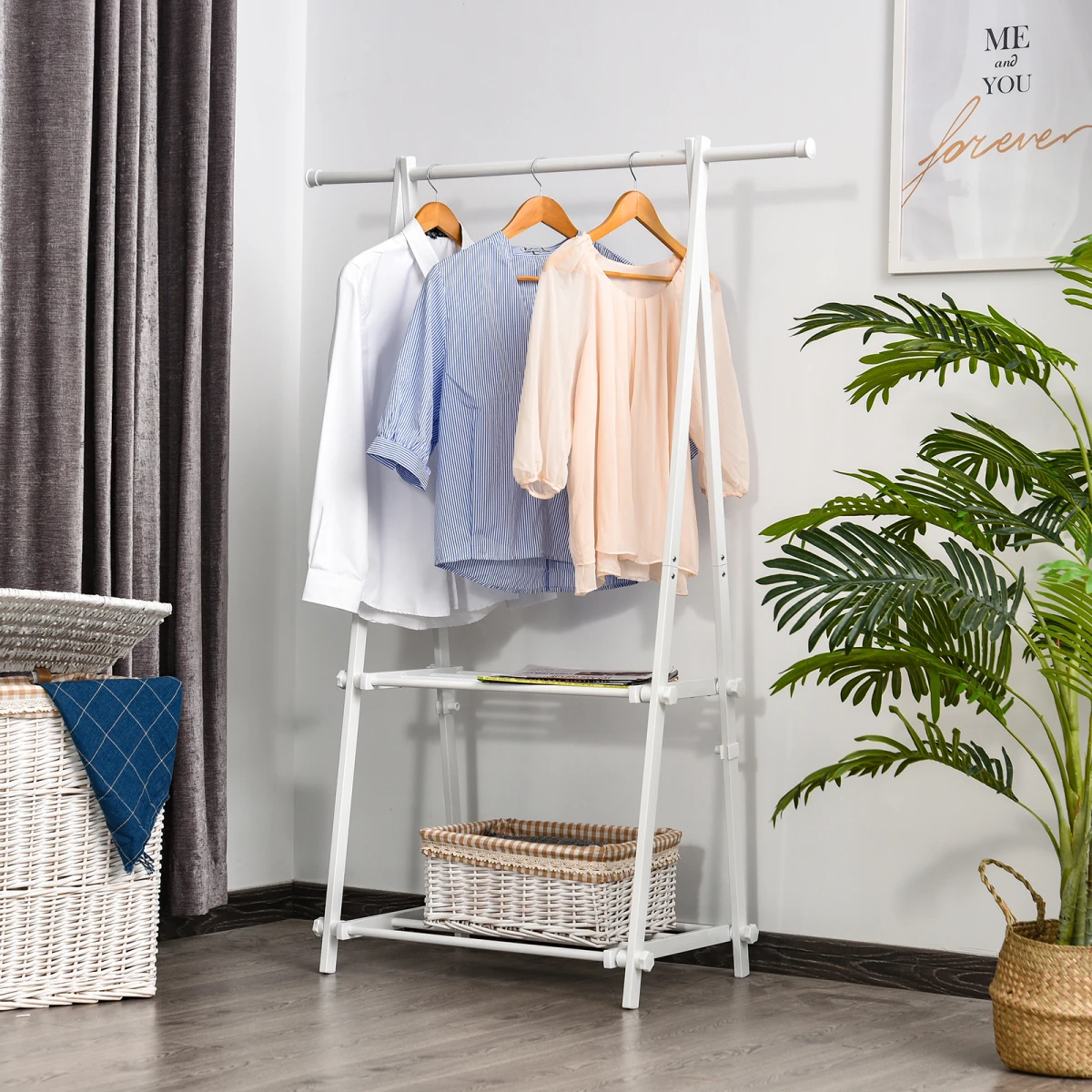 HOMCOM Powder Coated Steel Clothes Rail Tall 2 Shelves Home - Wardrobe