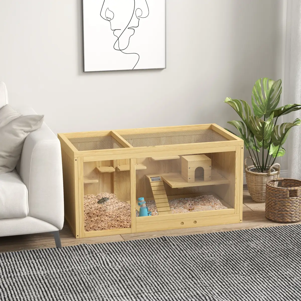 PawHut PawHut Wooden Hamster Cage with Water Bottle, Platforms, Openable Roof - Pet Cage